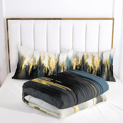 Black White Gold Gradient Color Print Comforter Set Full Size,Abstract Art Bedding Set,Patchwork Printed Quilted Set for Teens Adult,with 1 Comforter and 2 Pillow Case