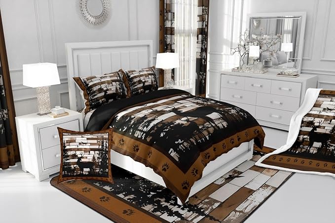 Feelyou Rustic Deer Bedding Set Wild Animals Hunt Comforter Set for Kids Boys Girls Brown Wooden Comforter Paw Print Quilt Set Bedroom Collection 2Pcs Toddler Size