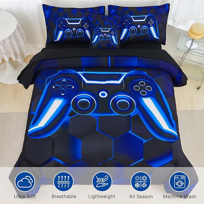URBONUR Full Size Comforter Sets for Boys Blue Gaming Bed in a Bag 6 Pieces Kids Teen Girls 3D Game Themed Console Printed Room Decor Soft Lightweight Bedding Set