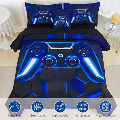 URBONUR Full Size Comforter Sets for Boys Blue Gaming Bed in a Bag 6 Pieces Kids Teen Girls 3D Game Themed Console Printed Room Decor Soft Lightweight Bedding Set