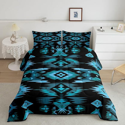 Feelyou Blue Black Southwestern Comforter Set,Tribal Native American Indian Bedding Set King Size,Boys Girls Bedroom Room Decor,Exotic Style Comforter,Farmhouse Western Bed Set
