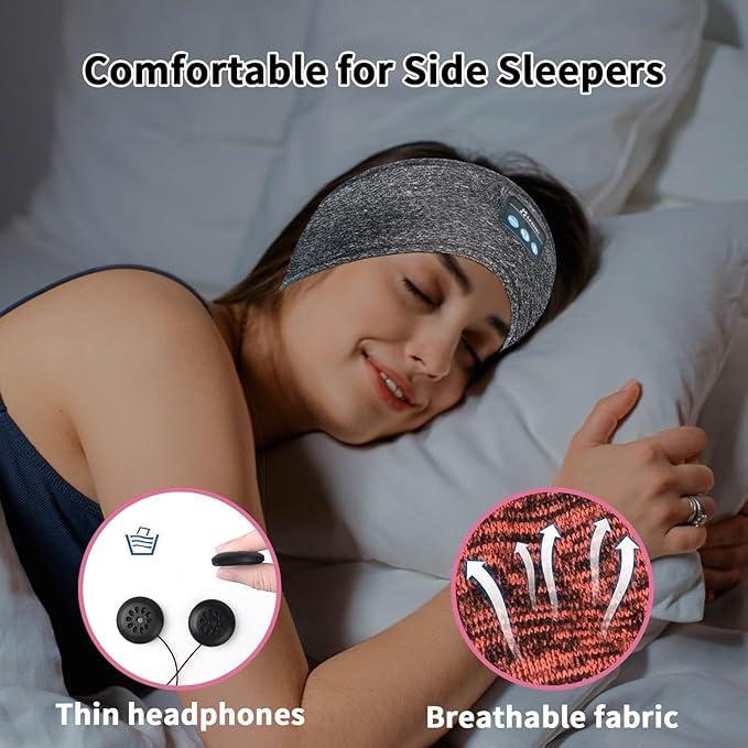 Bluetooth Headphones, Sleep Headphones Headband Wireless for Sleeping Side Sleepers - Adjustable Sleep Headphone, and Bluetooth Headbands for Women Men(Grey)