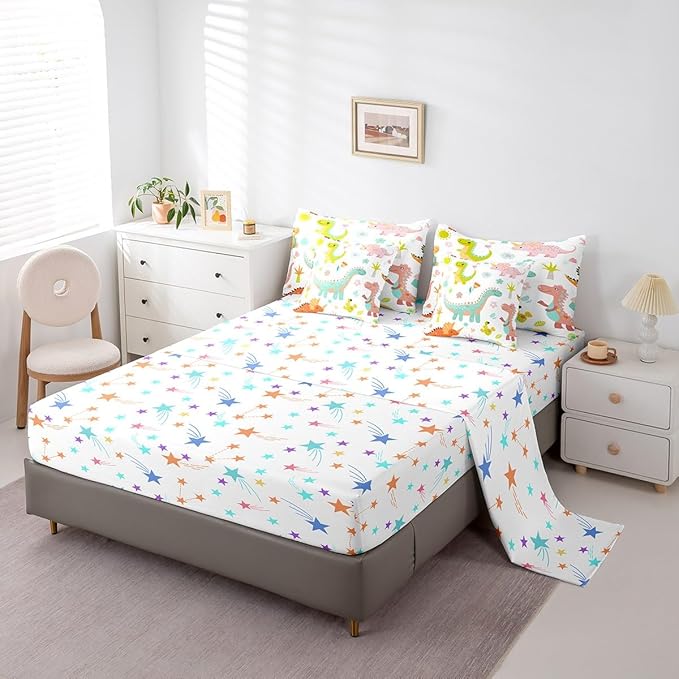 jejeloiu Kids Cartoon Dinosaur 7 Piece Bedding Set King Size Cute Dinosaur Comforter Set with Sheets for Boys Girls Teens Cute Flower Bed in a Bag Animal Bed Set