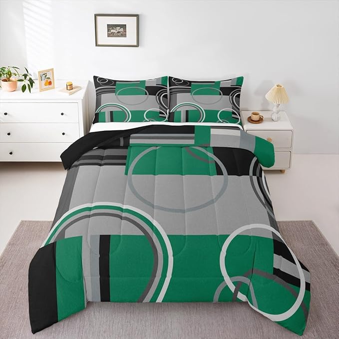 Erosebridal Geometric Swirls Bedding Set Queen Olive Green Black Gray Square Comforter Abstract Circles Gromment Duvet Insert Stripes Lines Quilt Modern Graphic Down Comforter with 2 Pillow Covers