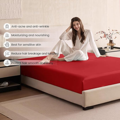 THXSILK 6A+ Top Grade 100% Pure Mulberry Silk Full Fitted Sheet 3Pcs Set Bed Sheets Luxury Bedding for Hair and Skin Breathable Cooling Safe Material, 1 Fitted Sheet with 2 Pillowcases, Red