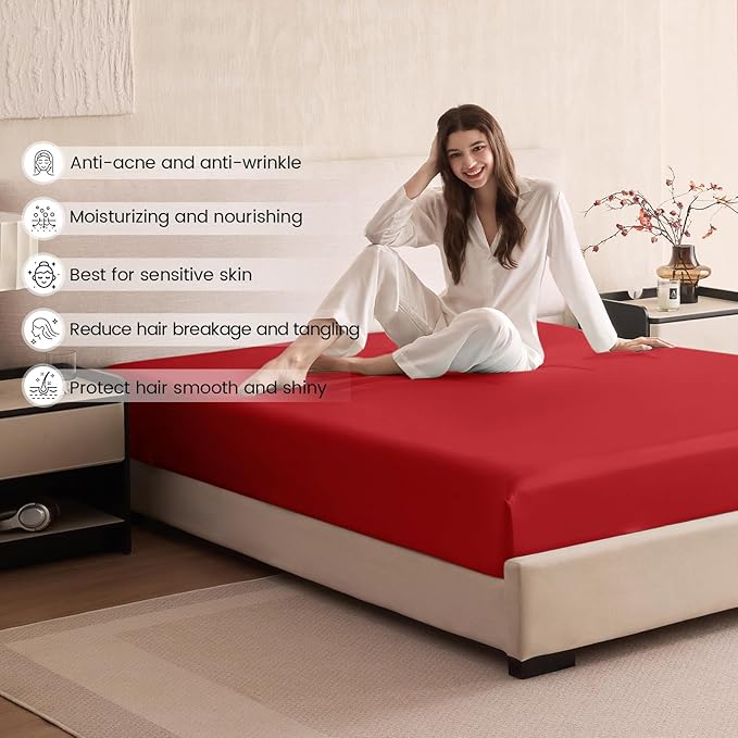 THXSILK 6A+ Top Grade 100% Pure Mulberry Silk Queen Fitted Sheet 3Pcs Set Bed Sheets Luxury Bedding for Hair and Skin Breathable Cooling Safe Material, 1 Fitted Sheet with 2 Pillowcases, Red