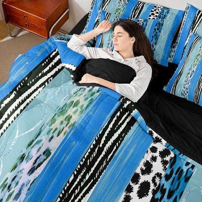 Erosebridal White Blue Animal Skin Pattern Geometric King 7-Piece Comforter Set | Leopard Print Stripe Sheets and Pillowcases Women Men Adults Bed in A Bag Cheetah Fur Bed Sets