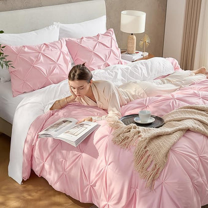 Andency Pink Comforter Set Oversized Queen(98x98Inch), 3 Pieces Comforter for Girls Kids, Soft Microfiber Pinch Pleat Comforter Set, All Season Lightweight Bedding Set
