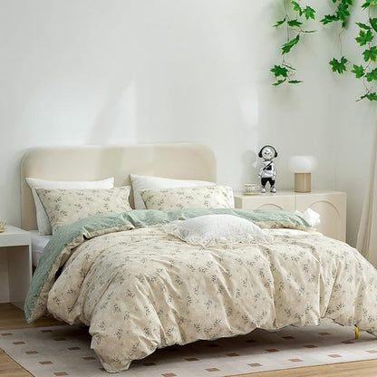 Floral Queen Comforter Set Soft Cute Floral Bedding Comforter Sets Garden Style Green Flower Print Botanical Flowers Queen Comforter Set for All Seasons 1 Comforter and 2 Pillowcases