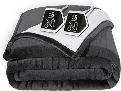 Westinghouse Heated Blanket Queen Size, Soft Flannel to Sherpa Electric Blanket with 10 Heating Levels, 12 Hours Auto Off, Fast Heating Blanket, Machine Washable, 84x90 Inch, Charcoal