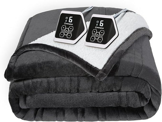 Westinghouse Heated Blanket Queen Size, Soft Flannel to Sherpa Electric Blanket with 10 Heating Levels, 12 Hours Auto Off, Fast Heating Blanket, Machine Washable, 84x90 Inch, Charcoal