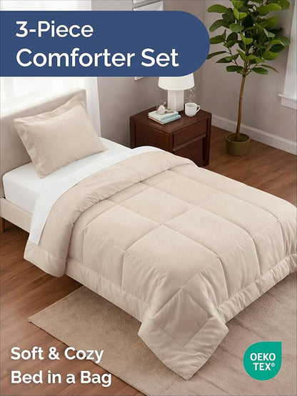 Twin Comforter Set - 2 Piece Bed Set for All Seasons - 1 Soft Quilted Comforter with Corner Tabs & 1 Pillow Sham - Comfy, Cozy & Breathable - Premium Down Duvet Insert - Oeko-TEX - Twin Size, Wheat