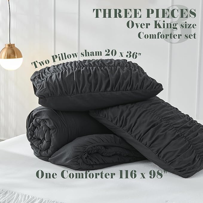 Oversized King Size Comforter Set Bedding - Ruched Black Comforter King Bed Set Boho Shabby Chic Bedding for Bedroom Comforter Fluffy 3 Piece Ruffle Comforter Set with Pillow Bedding Soft and Luxury