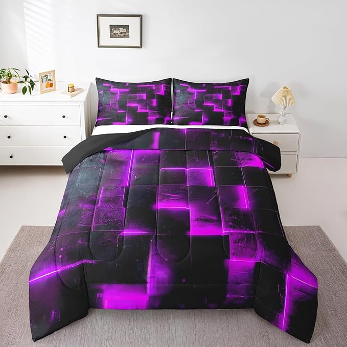 Erosebridal Black and Purple Comforter Set Queen Modern Abstract Queen Bedding, 3D Glowing Plaid Bedding Comforter Sets Gradient Grid Duvet, Neon Square Quilted Comforter 3pcs (Black Reversible)