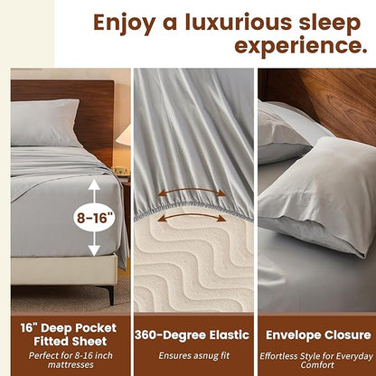 100% Linen Sheets Queen Size,Breathable & Durable 4-Piece Bed Flax Sheet Set,Soft All-Season Bedding for Hot Sleepers 16" Deep Pocket Oeko-TEX Certified,（Queen, Grey）