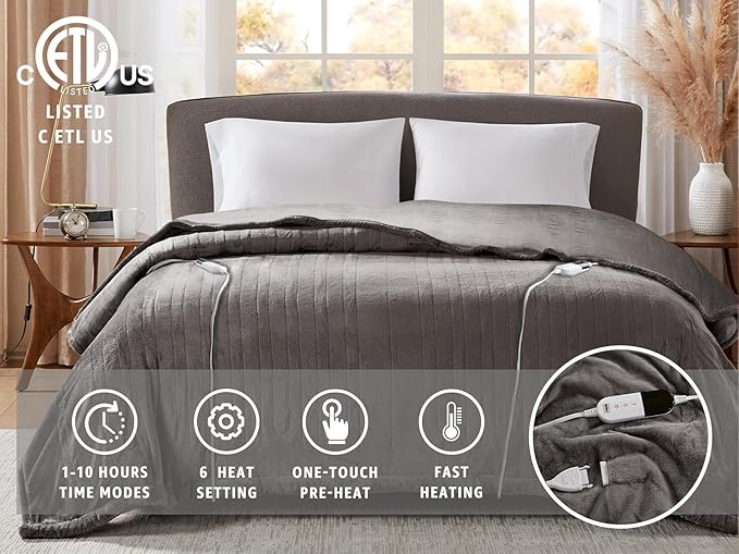Degrees of Comfort King Electric Blanket with Dual Controls, Large Fleece Heated Blanket for Bed, Auto Shut Off, Machine Washable -Grey, 100Wx90L