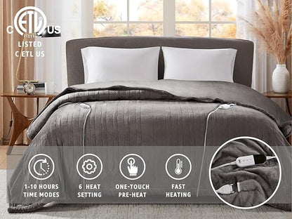 Degrees of Comfort King Electric Blanket with Dual Controls, Large Fleece Heated Blanket for Bed, Auto Shut Off, Machine Washable -Grey, 100Wx90L