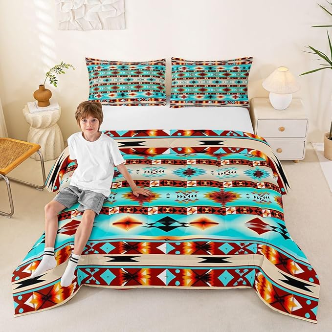 Erosebridal Western Decor,Vintage Exotic Indian Geometric Bedding Set Boho Western Comforter Set King,Ethnic Tribal Arrow Quilt Aztec Duvet Insert,Rustic Home Decor Rustic Farmhouse Bedroom Teal Red