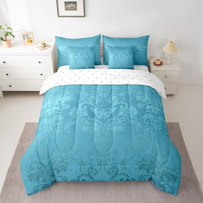 Erosebridal Gothic Damask Bed in a Bag King Size Comforter Set 7 Pieces,Butterfly Skull Bedding Sets Teal Victorian Floral Goth Sheet Set with Comforter
