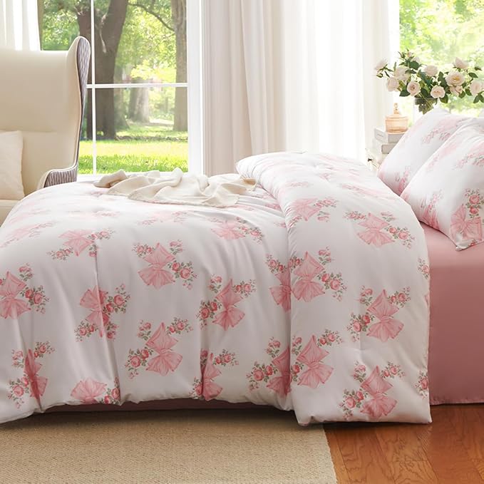 Pink Bow Comforter Set Queen 3Pcs Pink Floral Bedding Set for Girls Cute Romantic Princess Style Bowknot Bedding Ultra Soft Microfiber Garden Flower Comforter Sets with 2 Pillowcases
