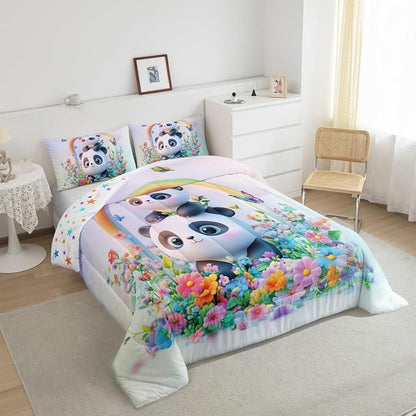 Manfei Cute Panda Bedding Comforter Sets Full,Watercolor 3D Panda Bear Black White Bedding Set for Bedroom Decoration,Flowers Leaves Deamy Butterfly with 1 Comforter and 2 Pillow Cases Bedroom Decor