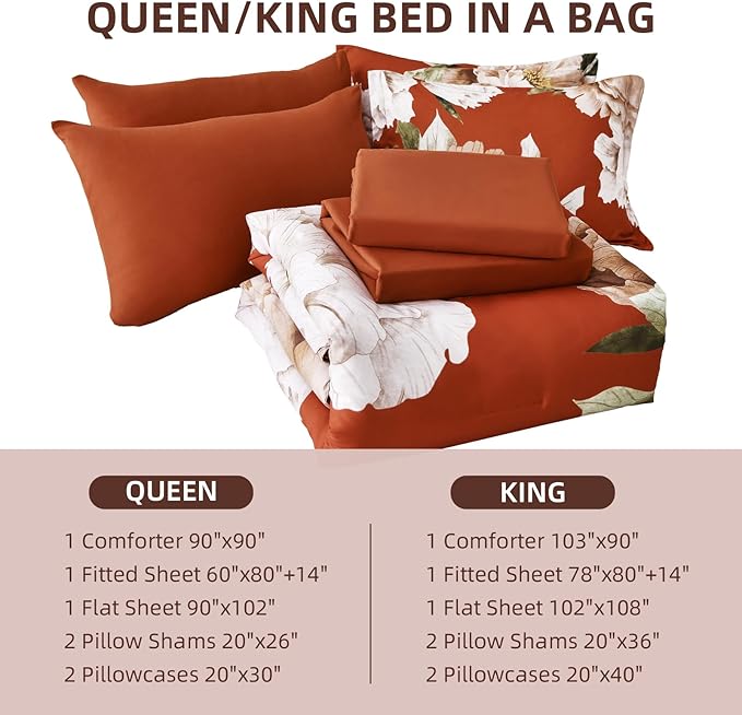 Dobuyly Burnt Orange Comforter Set Queen 7 Piece Bed in a Bag, Floral Printed on Terracotta Comforter Set with Sheets, Soft Microfiber Botanical Fall Bedding Set for All Season