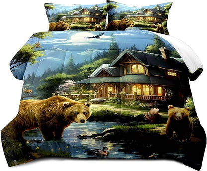 LUVIVIHOME 2PCS Cute Bear Comforter Set Twin Size, Mallard Duck Deer Squirrel Lake Woodland Forest Animal Wildlife Country Lodge Rustic Farmhouse Cabin Bedding Sets for Kids Boys Girls, 1 Pillow Sham