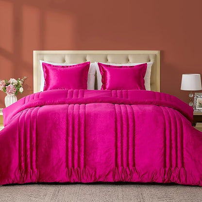 MUSSEL King Size Comforter Set Hot Pink 3 Pieces,Luxury Velvet Striped Bedding Comforter Sets,Elegant Lightweight Neutral Soft Fluffy King Comforter Sets for Bedroom