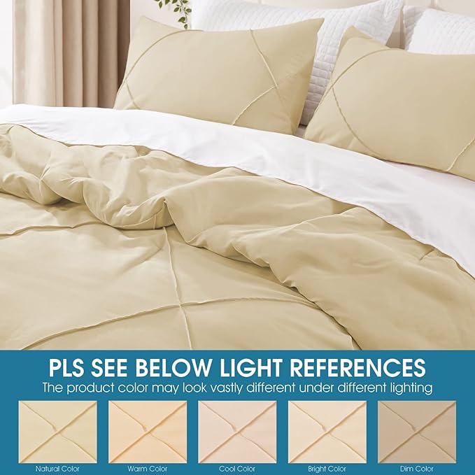 BYSURE 2 Pieces Twin Comforter Set(Beige), Lightweight Bedding Set with 2 Pillow Shams, Down Alternative Diamond Stitched Bedding Comforter for All Season
