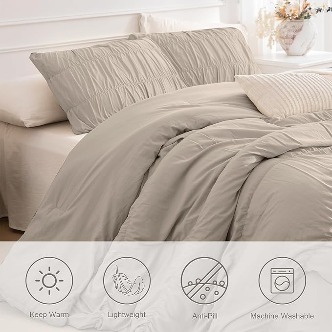 Masaca Queen Comforter Set(90"x95"),Linen Like Textured Ruched Ruffle Comforter for Queen Bed,3 Pieces Fluffy Shabby Boho Chic Farmhouse Bedding Comforter Set Ultra Soft