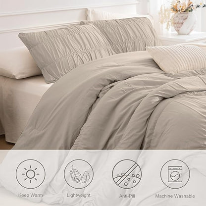Masaca Queen Comforter Set(90"x95"),Linen Like Textured Ruched Ruffle Comforter for Queen Bed,3 Pieces Fluffy Shabby Boho Chic Farmhouse Bedding Comforter Set Ultra Soft