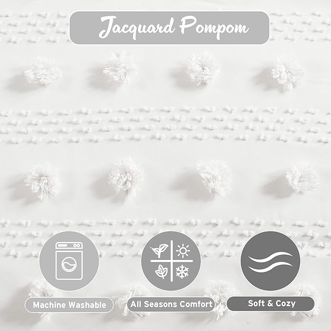 Intelligent Design Queen Duvet Cover Set, Clipped Jacquard Duvet Set Chic Pompoms Accent, All Seasons Lightweight Microfiber Bed Cover for Comforter with 2 Shams, Lucy, Full/Queen Ivory 3 Piece