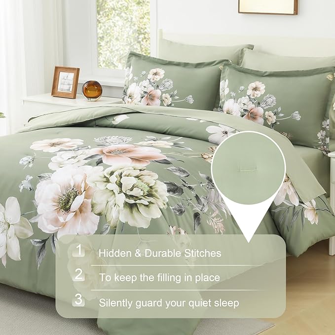 Floral King Size Comforter Set - 7 Piece Botanical Green Flower Bed in a Bag Ulter Soft Microfiber Bedding Set, Lightweight Bed Comforter Set with Sheets for All Season (Green, King)