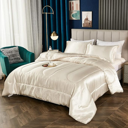 Bedding_Dreamer Satin Comforter King Silky Comforter Set Alternative Down Comforter Silk Like Beige Comforter for Women Luxury Hotel Silky Cream 1 Comforter 2 Pillowcase (King, Beige)