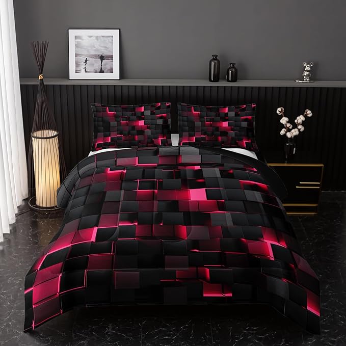 Neon Pink Black Comforter Set Queen Geometric Kids Bedding Set,3 PCS Geometry Honeycomb Bed Set Modern Quilt Set 1 Comforter 2 Pillow Cases Cool Room Decor All Season B-Side Black
