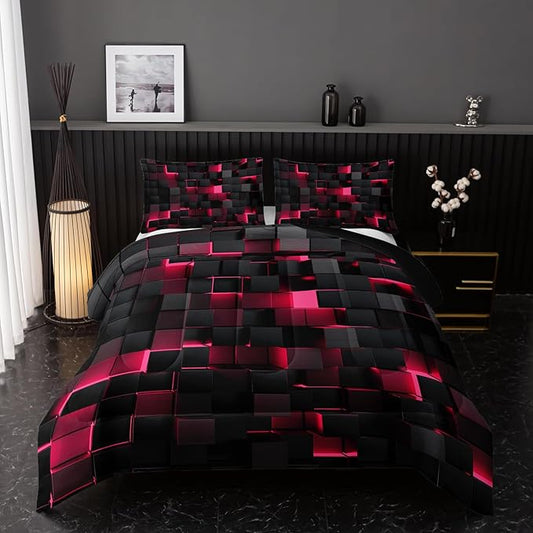 Neon Pink Black Comforter Set Queen Geometric Kids Bedding Set,3 PCS Geometry Honeycomb Bed Set Modern Quilt Set 1 Comforter 2 Pillow Cases Cool Room Decor All Season B-Side Black