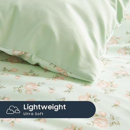 Wake In Cloud - Floral Comforter Set with Sheets, Coquette Cottagecore Aesthetic Flower Shabby Chic Pattern for Women Teen Girls, 7 Pieces Bed in a Bag, Green Pink, Full Size