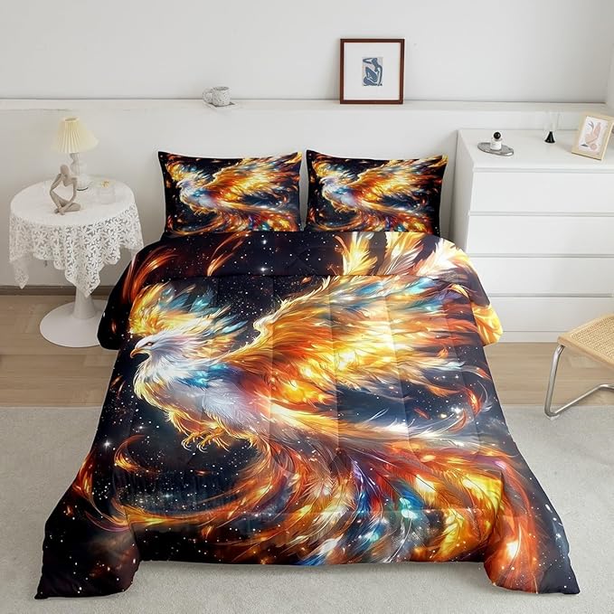 Manfei Phoenix Comforter Twin for Kids Adults Youth,Rainbow Birds Wildlife Colorful Feather Quilt Comforter Room DecorGlitter Galaxy Universe Quilted Duvet Duvet Insert,1 Pillowcase