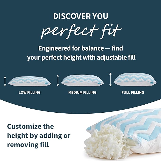 Dreamara Cooling Bed Pillows Queen Size Set of 2 – Adjustable Loft Shredded Memory Foam Pillows for Side, Back & Stomach Sleepers, Supportive & Breathable for Hot Sleepers (Blue)