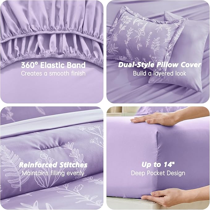 MUXHOMO Lavender Purple Full Comforter Set, Elegant Floral Print Bed in a Bag 7 Pieces, Ultra Soft & Breathable Reversible Botanical Pattern Bedding Set with Comforter, Sheets, Pillowcases, and Shams