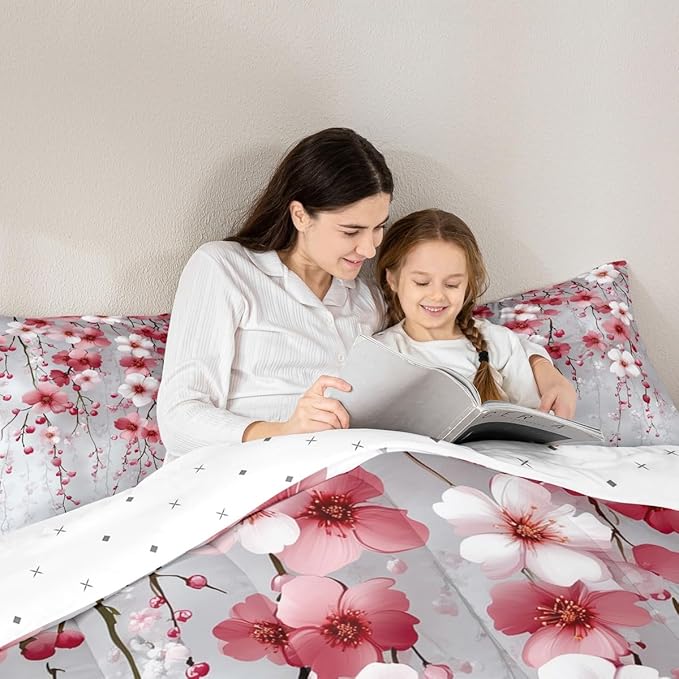 Manfei Spring Flower Comforter Set Toddler Size, Watercolor Cherry Blossom Bedding Set 2pcs, Japanese Style Pink White Floral Down Comforter, Kids Girls Women Room Decor, 1 Pillowcase, No Sheets