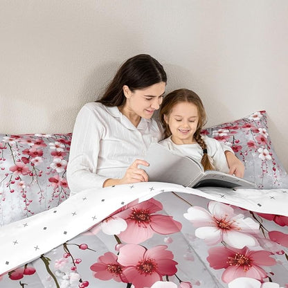 Manfei Spring Flower Comforter Set Toddler Size, Watercolor Cherry Blossom Bedding Set 2pcs, Japanese Style Pink White Floral Down Comforter, Kids Girls Women Room Decor, 1 Pillowcase, No Sheets