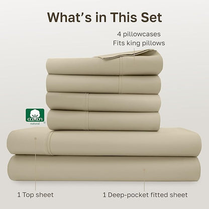 California Design Den 6 Piece King Size Sheets Set with 4 Pillowcases - Soft 400 Thread Count Sateen, 100% Cotton Sheets King Size with Deep Pockets, Durable Bedding Set - Beige (Golden Tone)
