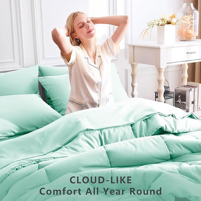 CozyLux Queen Comforter Set Mint Green, 7 Pieces Bed in a Bag, Green Comforter Queen Size, All Season Bedding Sets with Stitch Quilted Comforter, Flat Sheet, Fitted Sheet, Pillowcases