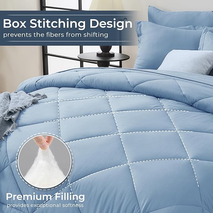 HEVUMYI Light Blue Twin Comforter Set - 5-Piece All Season Bed in a Bag Twin, Ultra Soft Bedding Set with Comforter, Flat Sheet, Fitted Sheet, Pillowcases, Pillow Shams