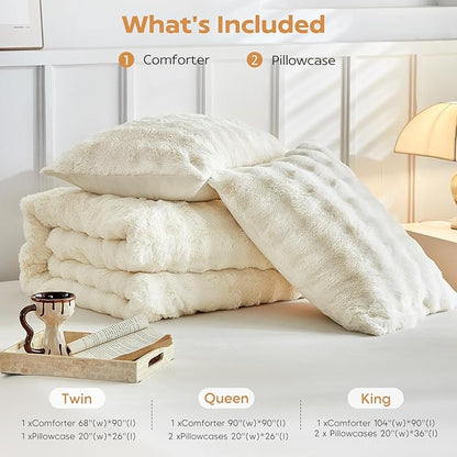 Tokokimo Fluffy Fleece Queen Size Comforter Set, Ultra Soft Reversible Heavyweight Fleece Bedding, Extra Warm Winter Comforter with 2 Pillow Cases, All Season Fuzzy Comforter Set, Beige