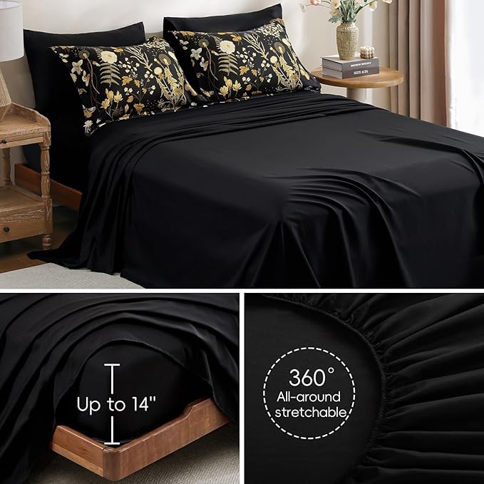 Yiran Queen Comforter Set, 7 Pieces Black Floral Soft Bedding Sets, Queen Bed in a Bag with Brown Botanical Flowers Winter Comforter, Sheets, Pillowcases & Shams