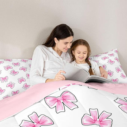 Erosebridal Princess Bow Bedding Set Queen for Girls Pink Bows Comforter Set for Kids Teen Girls Women Bedroom Preppy Bowknot Comforter Trendy Aesthetic Coquette Quilt Duvet