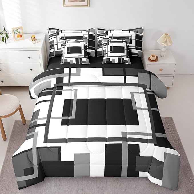 Erosebridal 7Pcs Black and White Queen Comforter Set for Minimalist,Black Gray Modern Geometric Bed in A Bag,Abstract Geometric Modern Bedding with Bed Sheets,Mid Century Modern Fashion Quilt