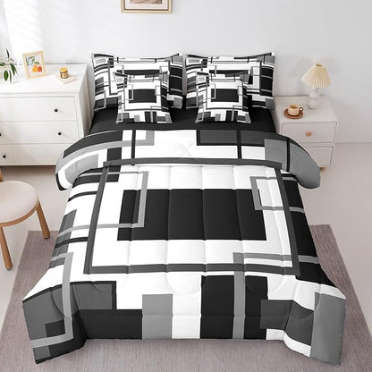 Erosebridal 7Pcs Black and White Queen Comforter Set for Minimalist,Black Gray Modern Geometric Bed in A Bag,Abstract Geometric Modern Bedding with Bed Sheets,Mid Century Modern Fashion Quilt